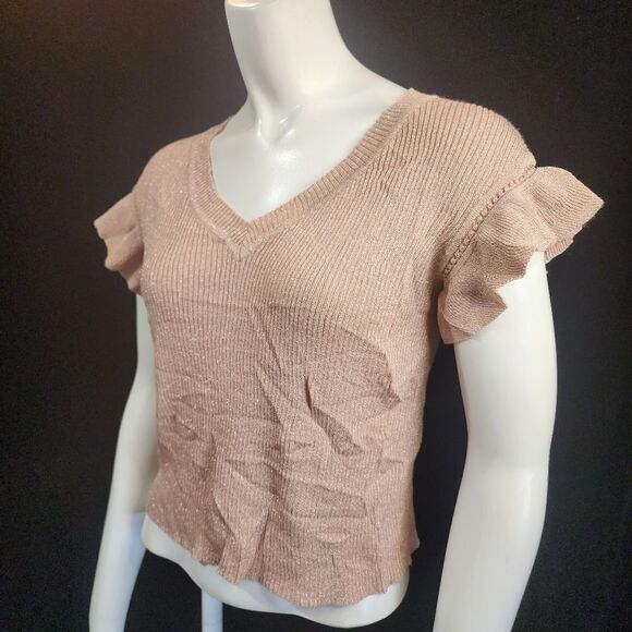 Yuka Rose Gold Sparkly Short Ruffle Sleeve Blouse - Picture 1 of 6